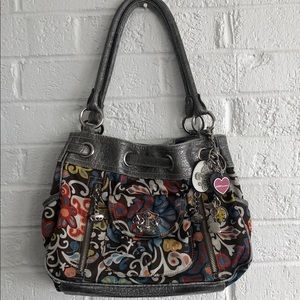 KATHY VAN ZEELAND Floral satin pewter purse